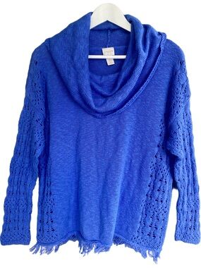 CHICO’S Sweater Cowl Neck Crochet Long Sleeve Royal Blue Women Size 2/L/12